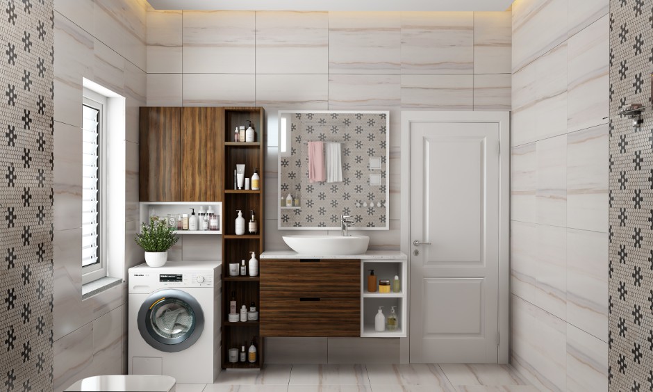 Brown and white modern bathroom interior with floating vanity and granite countertop.