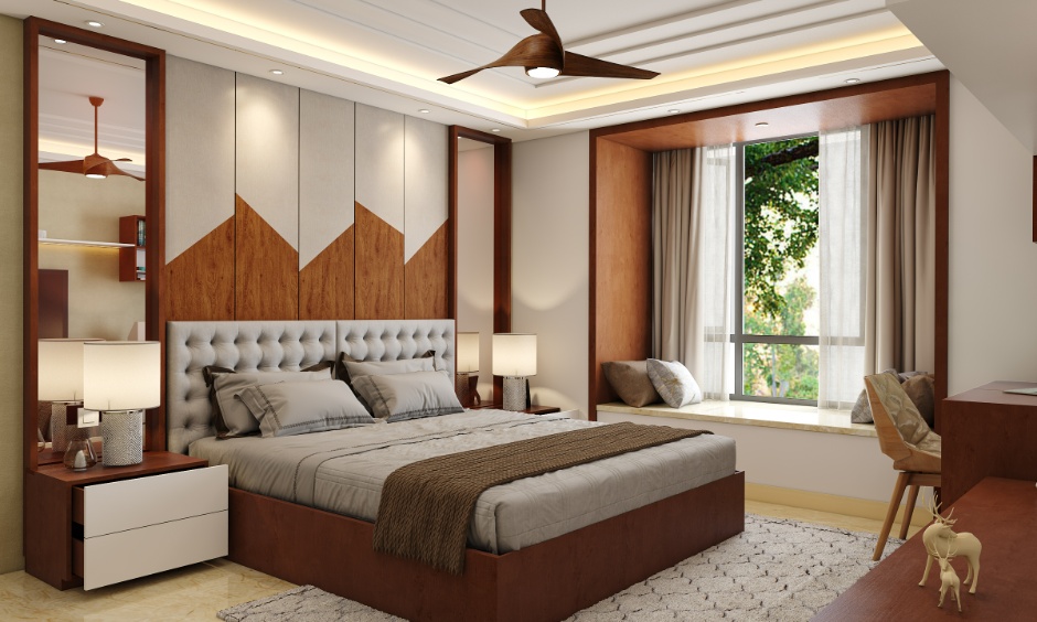 Modern bedroom false ceiling with recessed tray and soft cove lighting creating a calm and cosy bedroom look