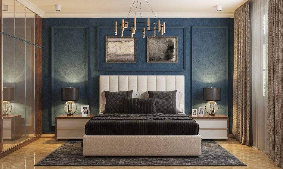 Bedroom Interior design in Blue and White with Modern bed design in India.
