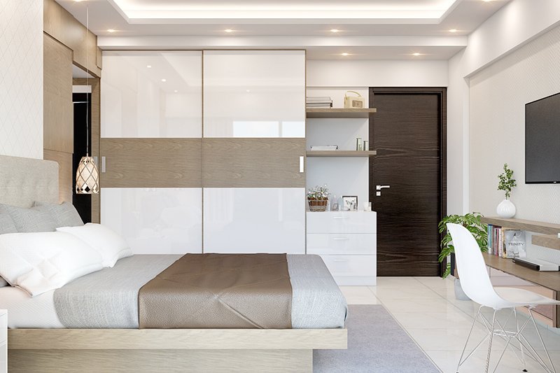 Modern bedroom wardrobe designs images with beautiful textured doors of glass and wood