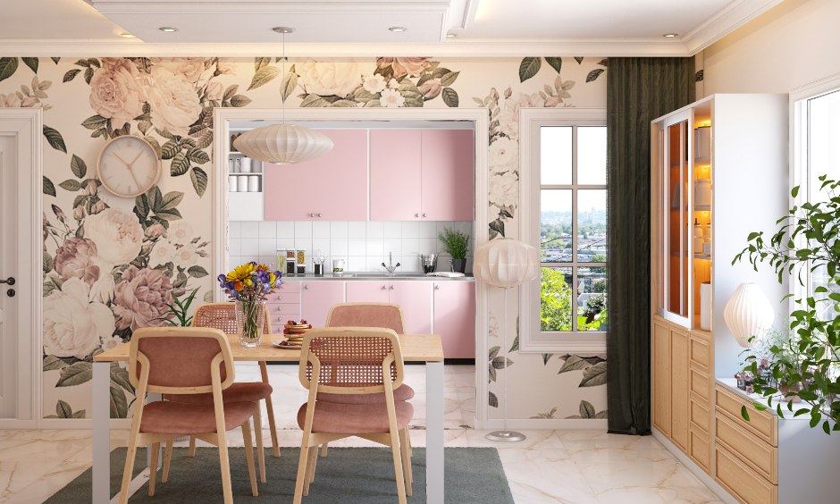 Modern eclectic dining room design with a wallpapered wall