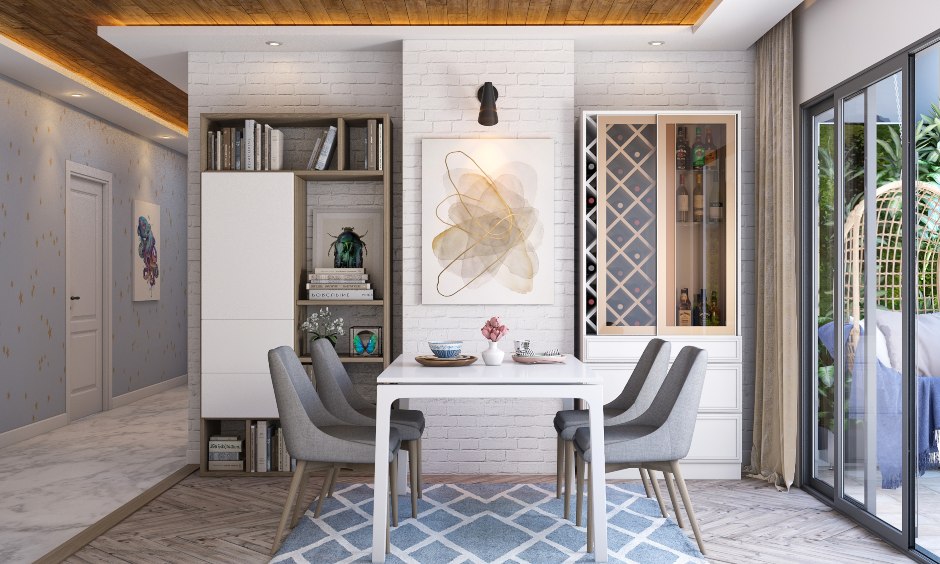 Modern industrial dining room with bar unit and bookshelf