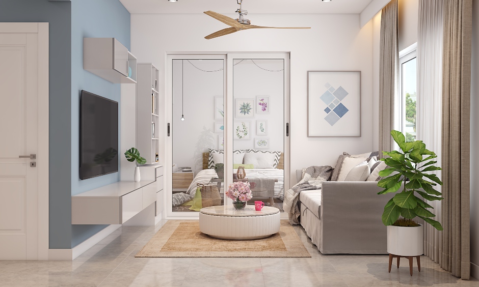 Modern living room design in white and light blue colour