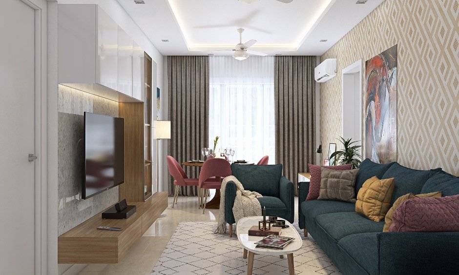 Modern rustic 2 bhk home design with smart space saving furniture in living room