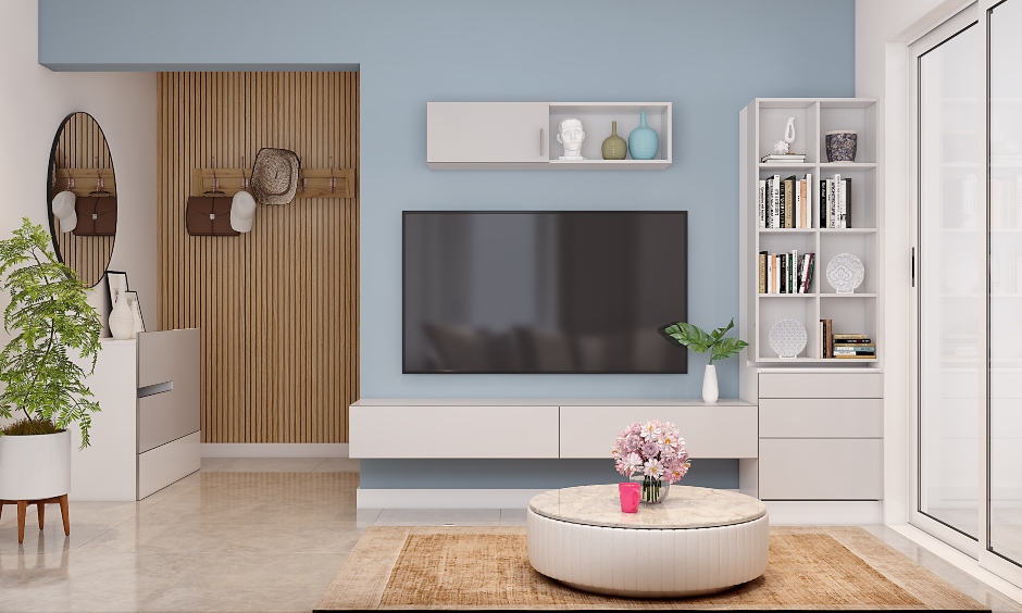 Modern living room with tv unit cum bookshelf and floating cabinet