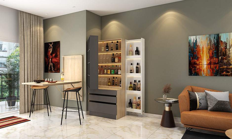 A modern luxury drawing room with bespoke furniture, built-in storage, and elegant materials.