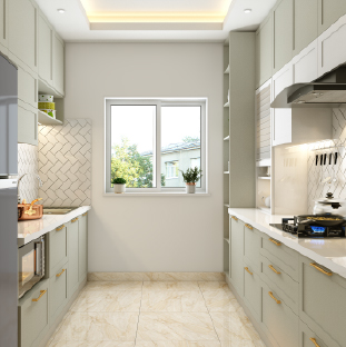 Modern parallel kitchen design in Kolkata with neutral tones and open shelves