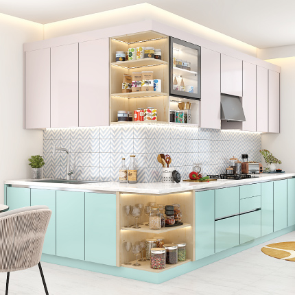 Modular kitchen in Pune, Maharashtra with L-shaped layout and mint green cabinets