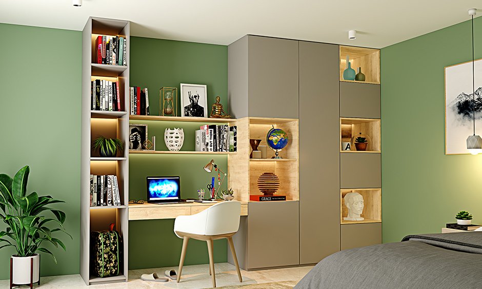 Multipurpose bookshelf with a study unit is a innovative space saving solution