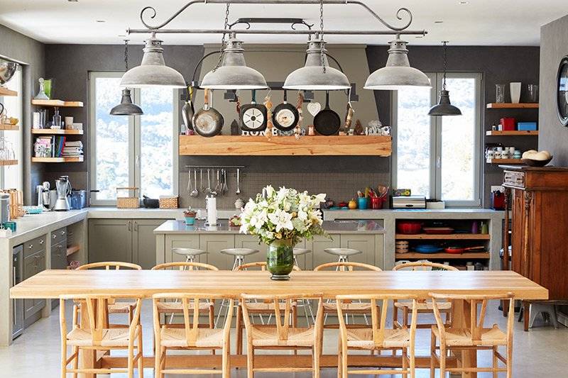 Open kitchen modular design with dining room integrated together as a new trend with digital homes