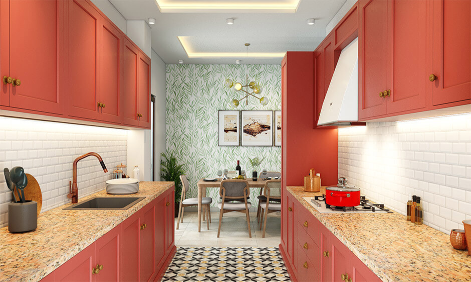 Coral-toned parallel modular kitchen with terrazzo counters