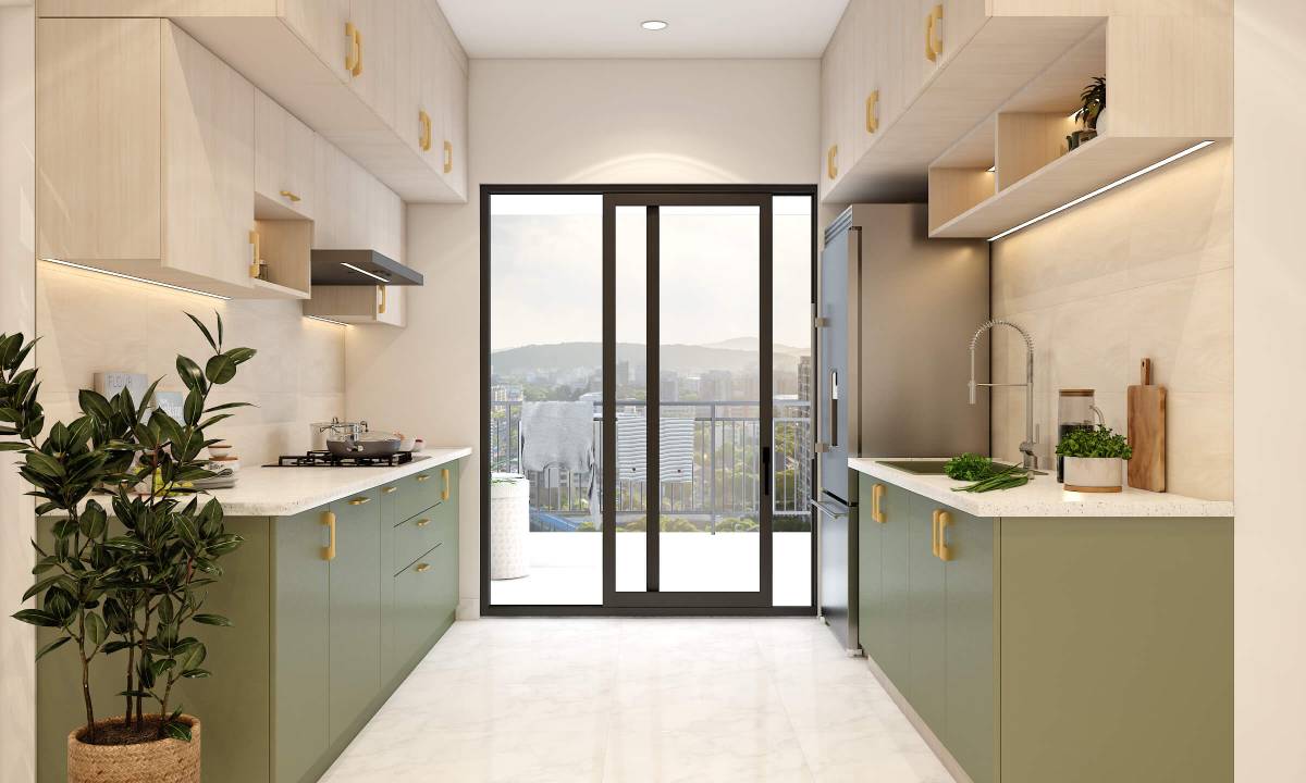 Parallel kitchen with soft green tones
