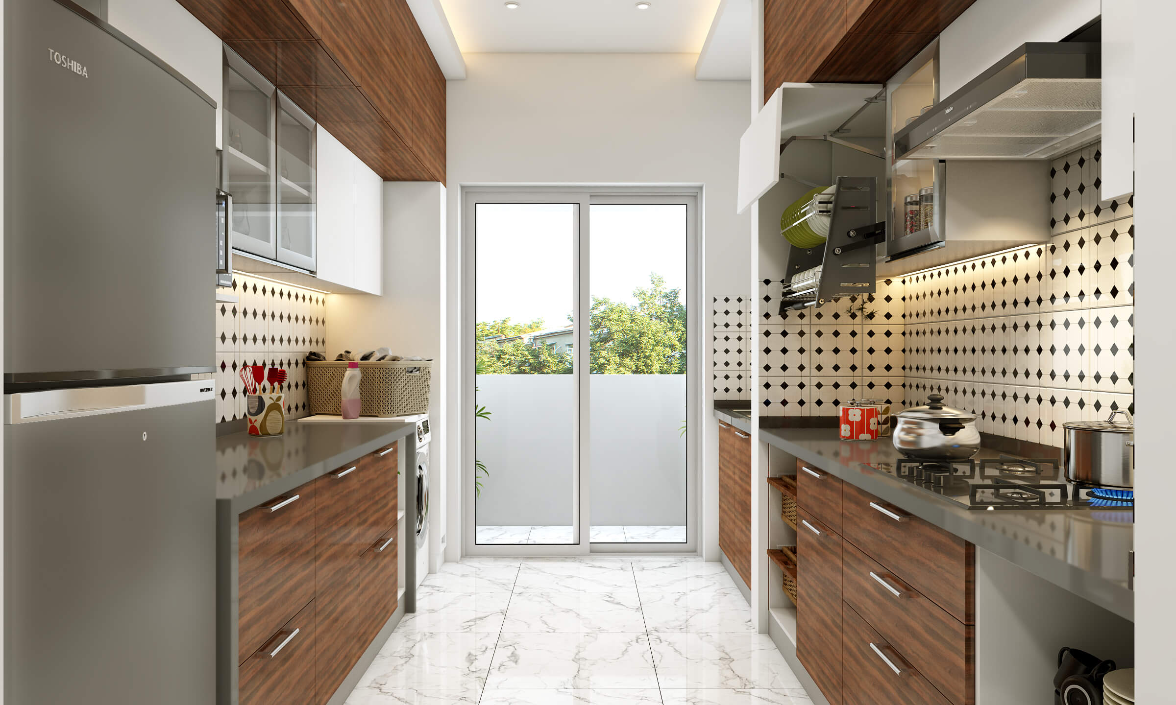 Wood-patterned parallel modular kitchen design helpful in modular kitchen cost estimate