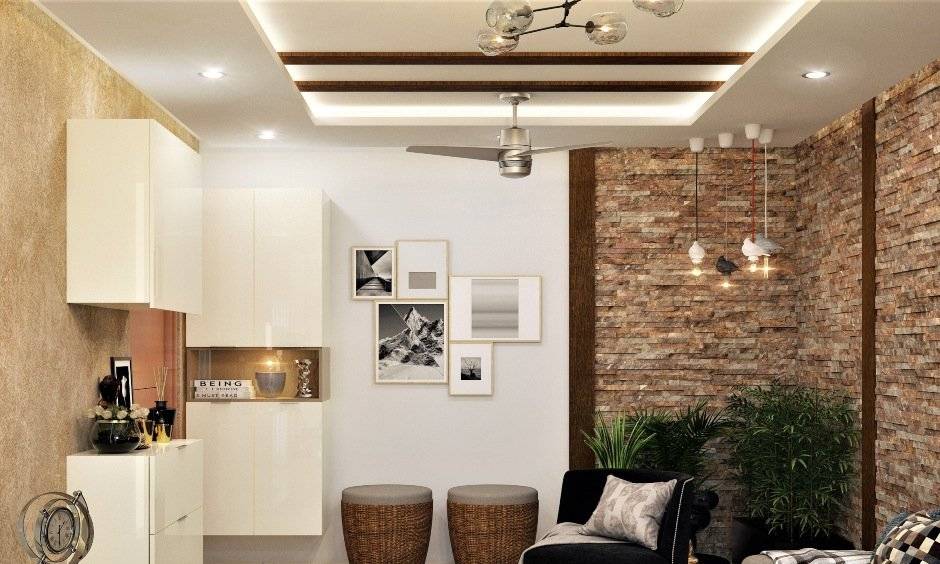 POP ceiling design for drawing room with wooden panels in rectangular shape