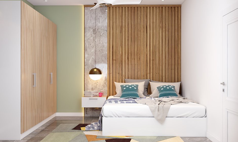Simple bedroom interior design which has wall-to wall wardrobe