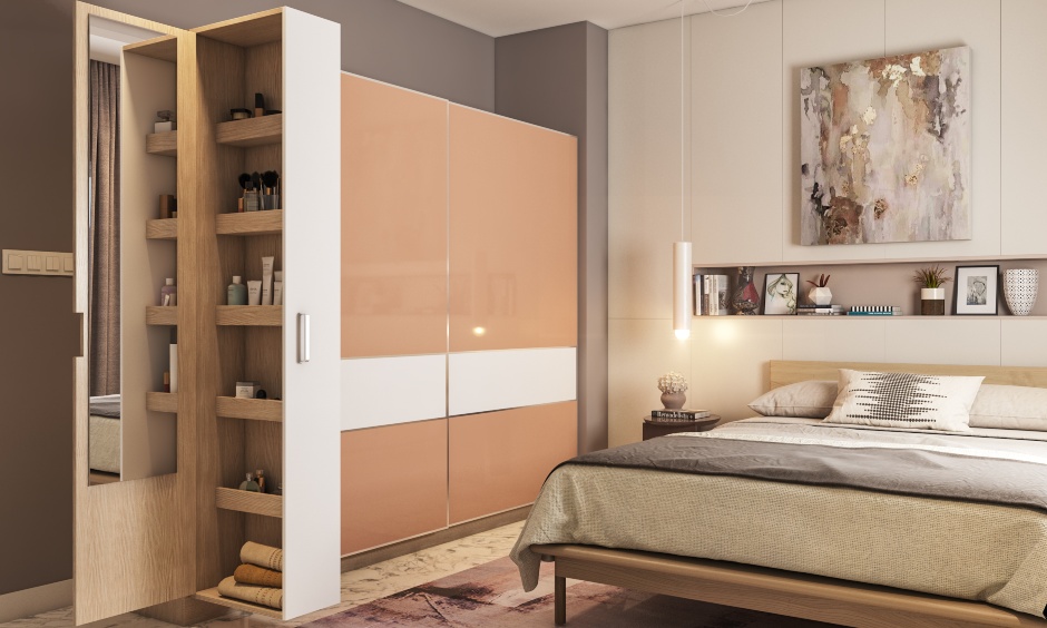 Sliding wardrobe in laquered glass pull out and dresser unit