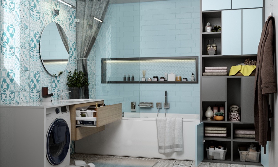 Small bathroom design with tall unit, grey cabinets, and vanity drawer organiser.