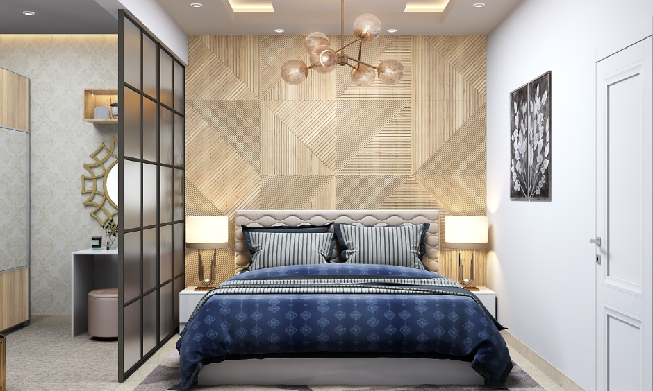Small bedroom ceiling design with oversized pendant lights, which overpowers the small space
