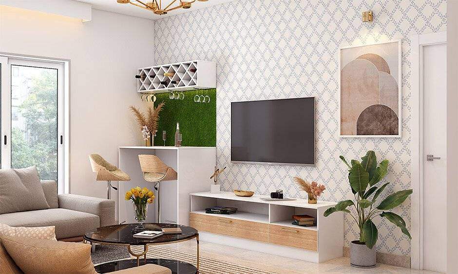 Small drawing room interior with a cosy space-saving bar unit
