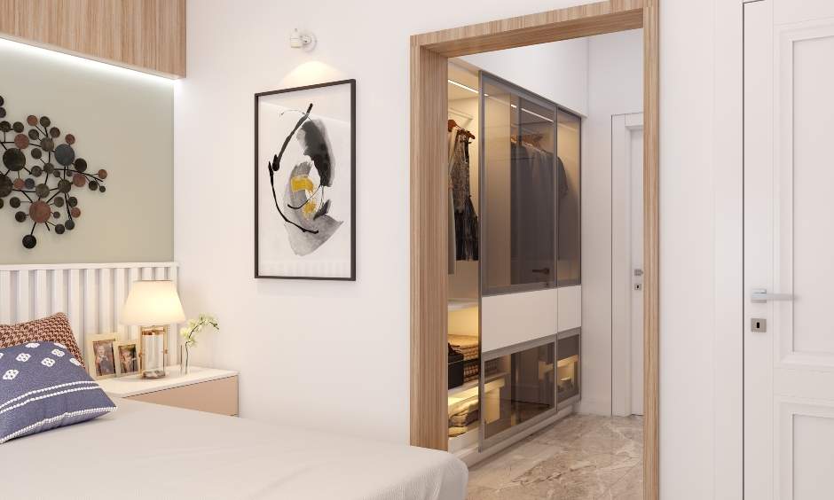 Soothing bedroom includes a separate dressing area