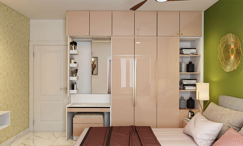 Space-saving dressing table design in a small bedroom with mirror and organised storage solutions.