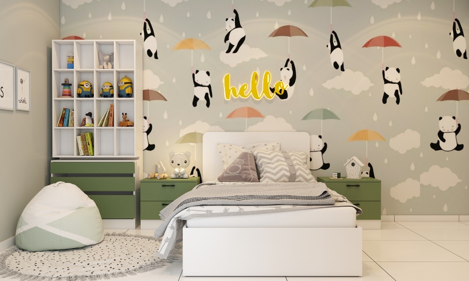 Green-coloured kids' bedroom features a fun animal theme with plenty of space for play and relaxation