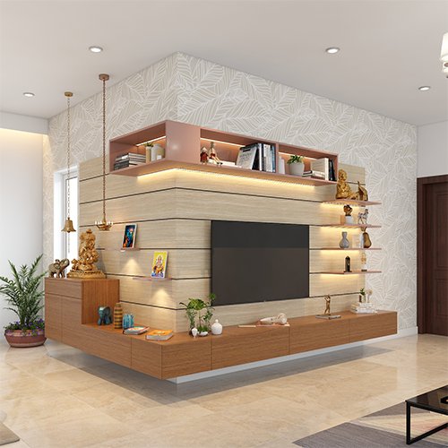 Top interior design company in Banjara Hills, Hyderabad, designed a space saving TV unit and mandir