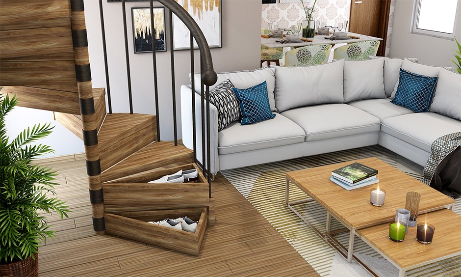 Spiral wooden staircase with built-in storage drawers showing smart staircase designs for homes with space saving ideas