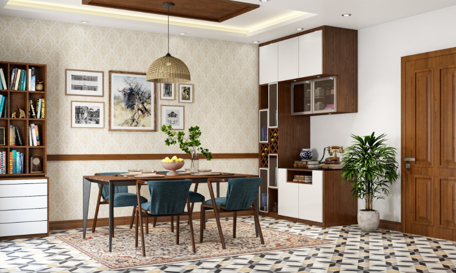 Rounded wood tabletop and slim curved legs illustrating dining room table trends.