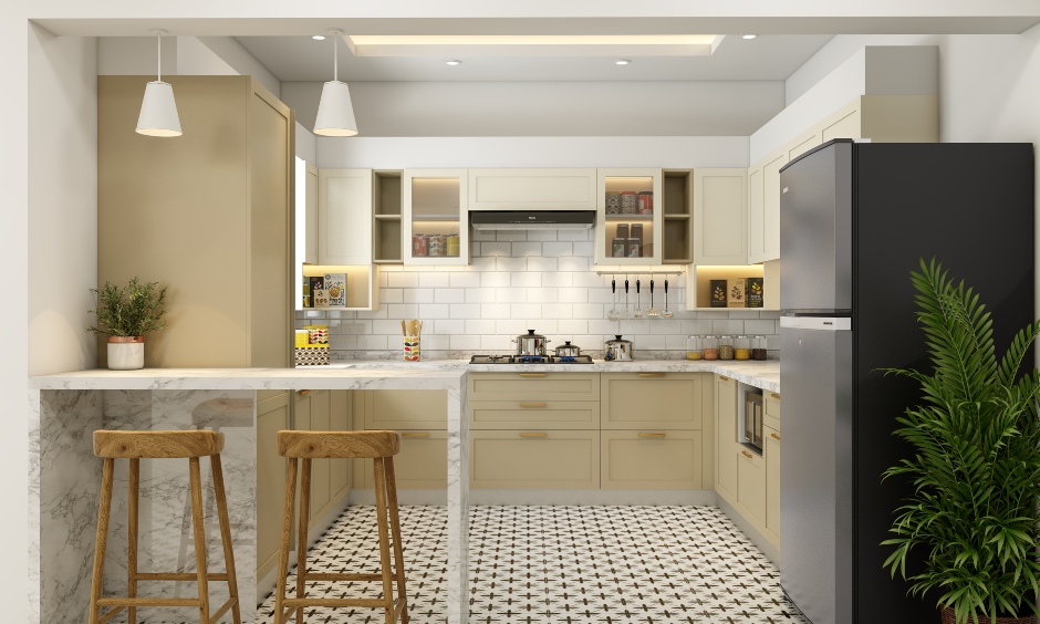 u-shaped modular kitchen comes with breakfast counter for two