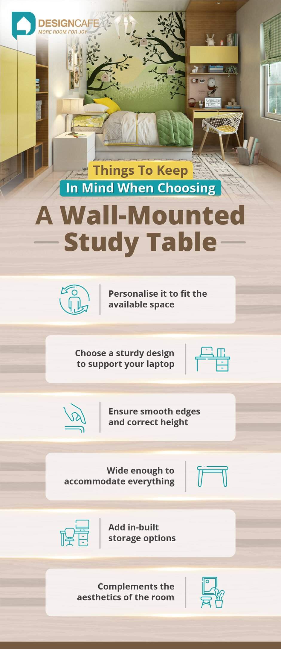 Key considerations for selecting a wall-mounted study table include size, design, storage and functionality