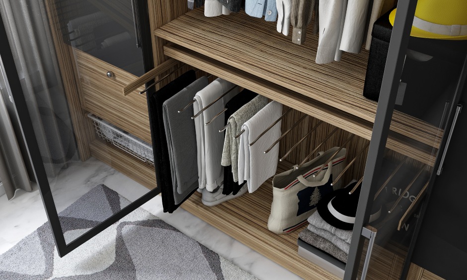 Wardrobe design with swing door shutters and trouser pullout to hang