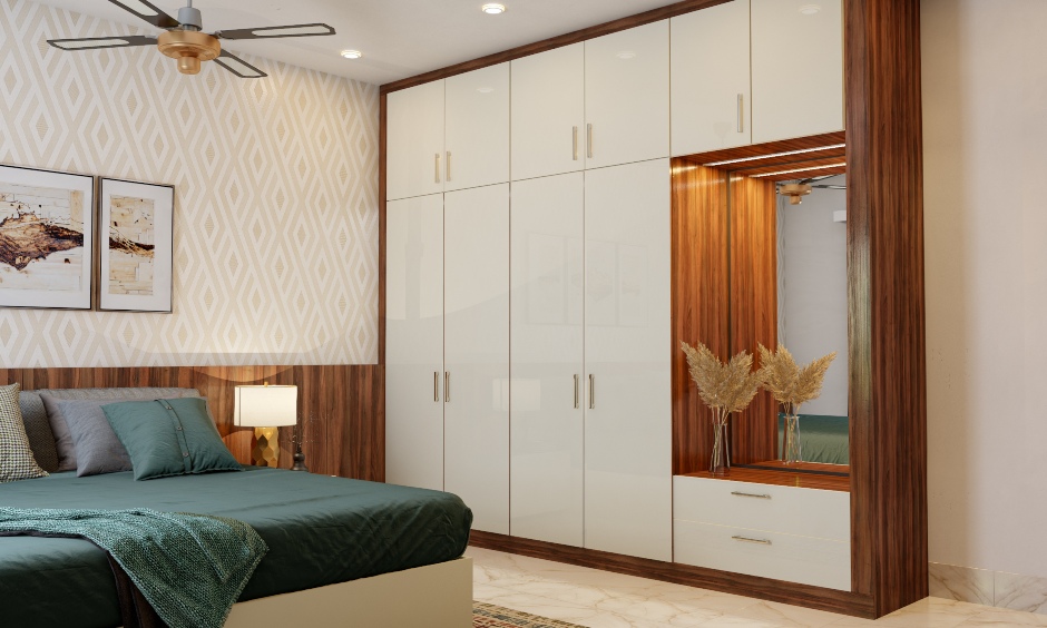 Wardrobe design finish in a combination of glossy ivory and classic walnut laminate