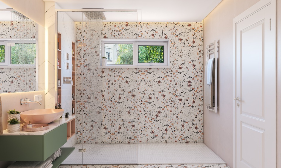 Neutral bathroom tiles with balanced finishes designed for durability, water resistance and style
