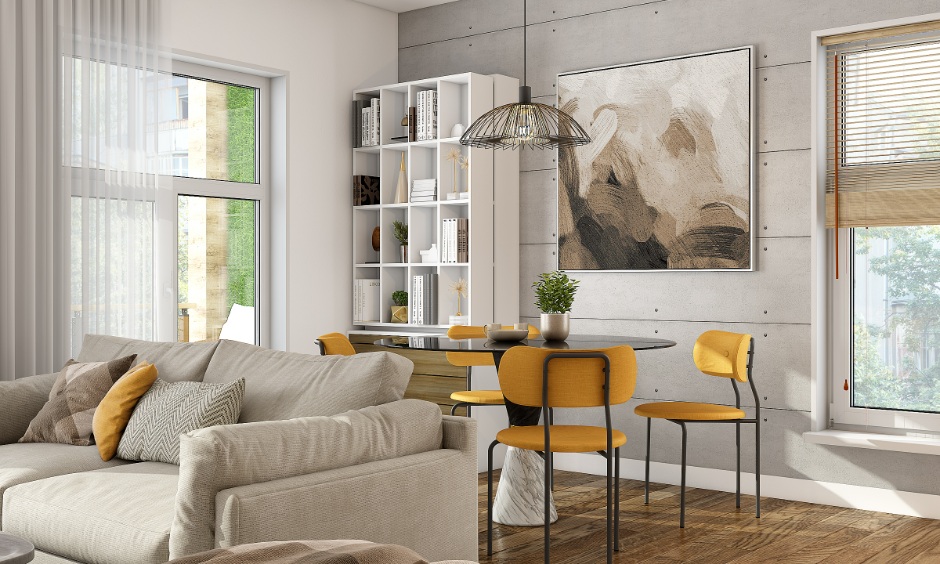 Floating sofa placed away from walls defines seating area and improves room layout flow.