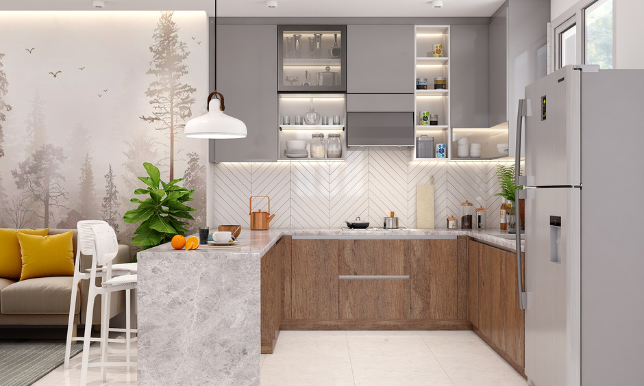 white and grey color modular kitchen with refrigerator
