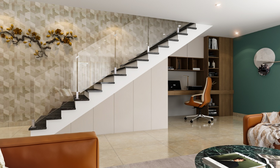 Modern staircase with glass railing, built-in storage and study nook showing why staircase designs for homes matter