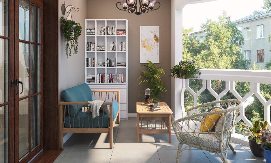 Wooden loveseat with blue cushions for balcony design