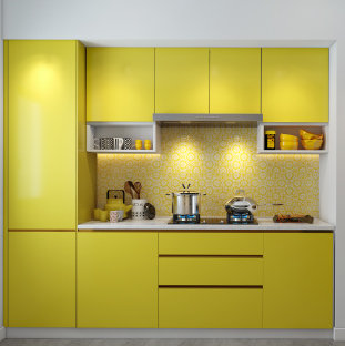Yellow modular kitchen cabinets design in Ahmedabad, Gujarat